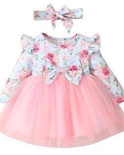 Niren Enterprise Hornbill Floral Printed Purple Color Baby Frock with Long Sleeve Knee-Length and Round Color Style