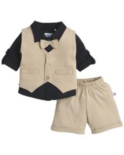 BUMZEE Boys Cotton Shirt Waistcoat & Short Set With Applique Bow