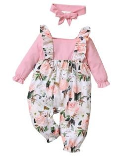 Hopscotch Girls Cotton, Polyester Floral Print Full-Sleeve Footie in Pink Color
