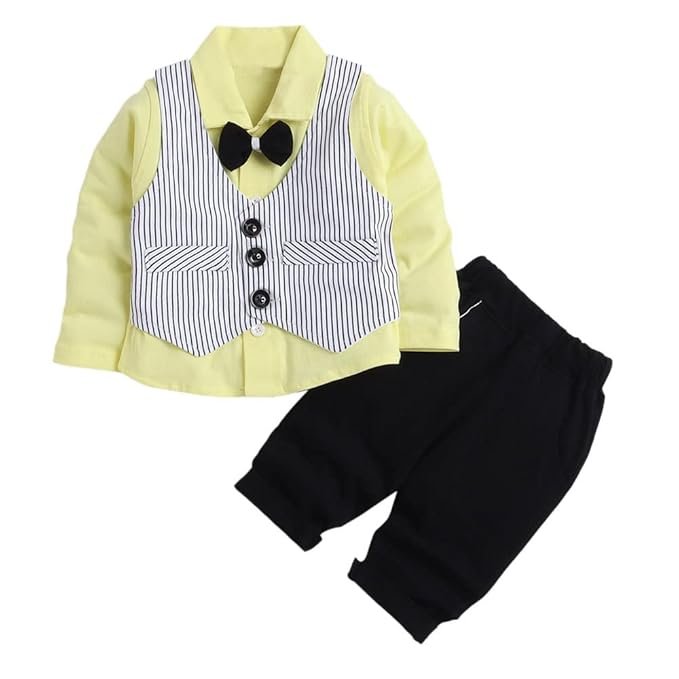 Hopscotch Boy's Cotton Striped Stripe Print Shirt Pant Set With Waistcoat