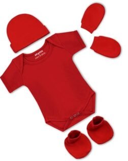 ARVESA Pack of 4 New born Baby Essentials – Cotton Romper, Cap, Booties and Mittens