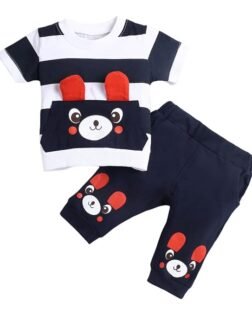 Hopscotch Boy's Cotton Striped Stripes Bear Print Half Sleeves T-Shirt And Joggers Set