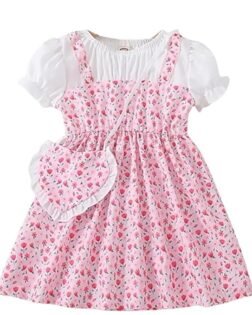 Niren Enterprise Girl's Crispillo Floral Printed Short Sleeve Cotton Knee-Length Baby Frock With Purse