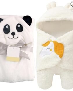 First Kick Baby Blankets New Born Combo Pack of Hooded Wrapper Sleeping Bag and Baby Bath Towel