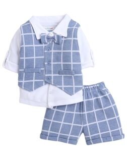 BUMZEE Boy's Cotton Checkered Full Sleeves Shirt Waistcoat & Short Set With Applique Bow