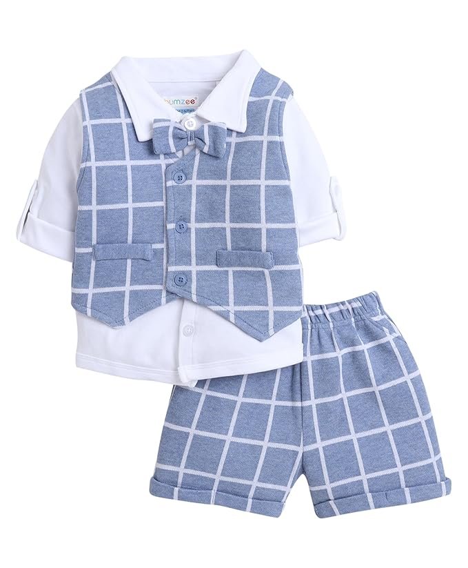 BUMZEE Boy's Cotton Checkered Full Sleeves Shirt Waistcoat & Short Set With Applique Bow