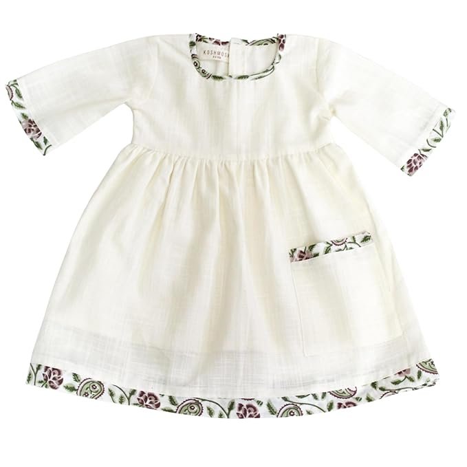KOSHMOSH Pure Soft Cotton Frock for Baby Girl 3/4 Bell Sleeves Dress with Single Pocket Stylish Knee Length Casual Dress for Girls with Astar/Lining