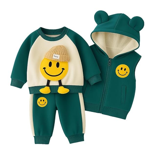 Bold N Elegant Kids Polyester Printed 3d Happy Smile Face Cartoon Winter Warm Hoodied Jacket Sweatshirt and Pajamas 3 Pc Layering Party Clothing Set