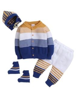 Little Angels Baby Sweater Set - 4 Pcs Woollen Full Sleeves V-Neck Color-Block Sweater, Pants, Cap & Socks for 0 to 12 Months