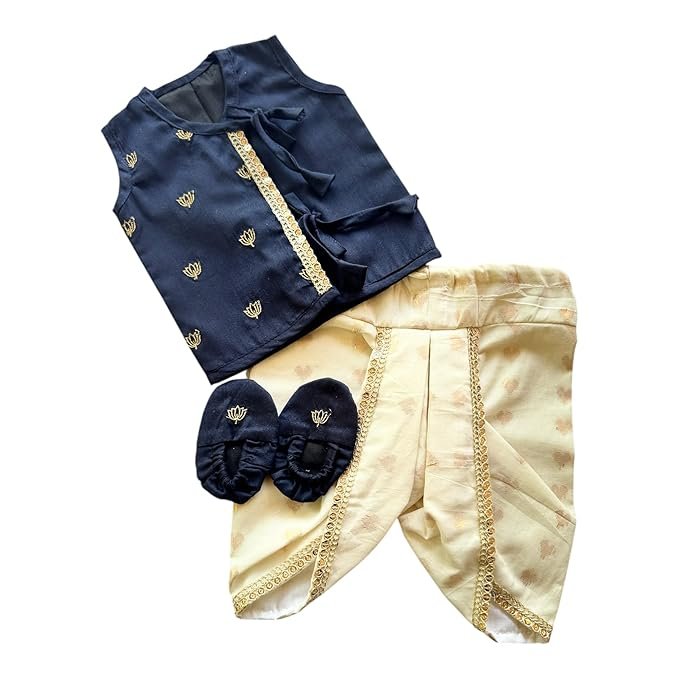 Picksparrow Baby Boy Cotton Silk Jhabla with Cotton Lurex Dhoti pant and Booties
