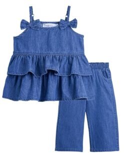 Hopscotch Baby Girls Solid Print Sleeveless Blue Jeans set