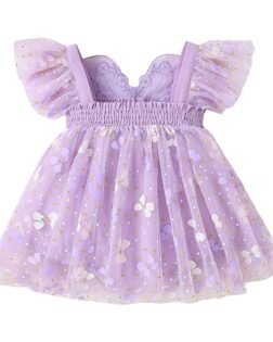 Hopscotch Girls Ruffled Sleeves Lavender Butterfly Whisper Onesie Dress