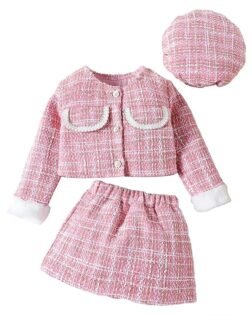 TASLAR Kids Toddler Jacket Baby Girls Suit Furry Patchwork Coat + Skirt + Beret 3Pcs Long Sleeve Shirt Tops Skirts Hat Sets Kids Casual Fashionable Party Dress