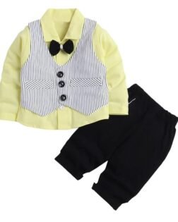 Hopscotch Boy's Cotton Striped Stripe Print Shirt Pant Set With Waistcoat