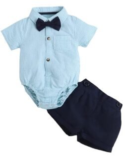 Hopscotch Boy's Cotton Blend Striped Onesie and Shorts Set