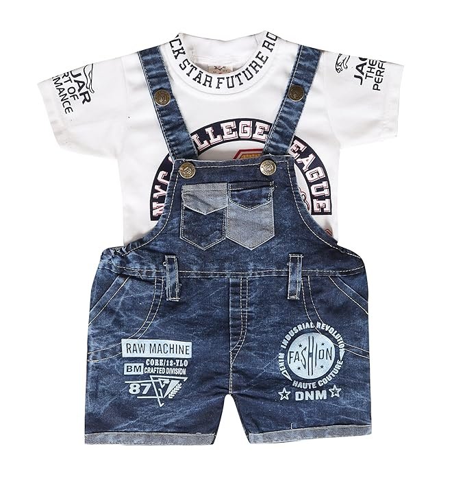 Cutie Kiddies Double Pocket Baby Dungaree Set for Baby Boys and Baby Girls | Trendy Denim Dungaree with Cotton T-Shirt for Infants | Adorable Unisex Overalls for Infants and Toddlers