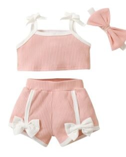 Hopscotch Girls Cotton And Polyester Solid T-shirt and Shorts with Headband in Pink Color