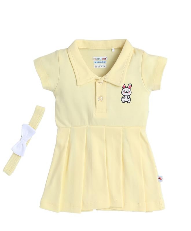 BUMZEE Baby Girls Cotton Half Sleeves Knee Length Frock With Headband