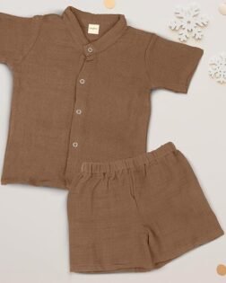 BAYBEE New Born Muslin Cotton Dress for Kids | Summer Clothing Set With Chinese Collar & Press Button | Shirt & Shorts Set for Baby Boy & Girl (Light Brown, 0-3 Months (XS))