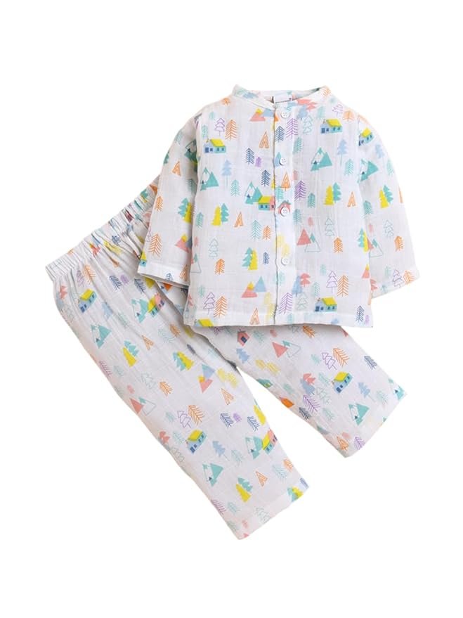 POLKA TOTS Baby Jhabla & Pant Set | 100% Cotton Muslin | Full Sleeve Printed Top + Soft Bottom | Unisex Outfit for New Born, & Toddlers