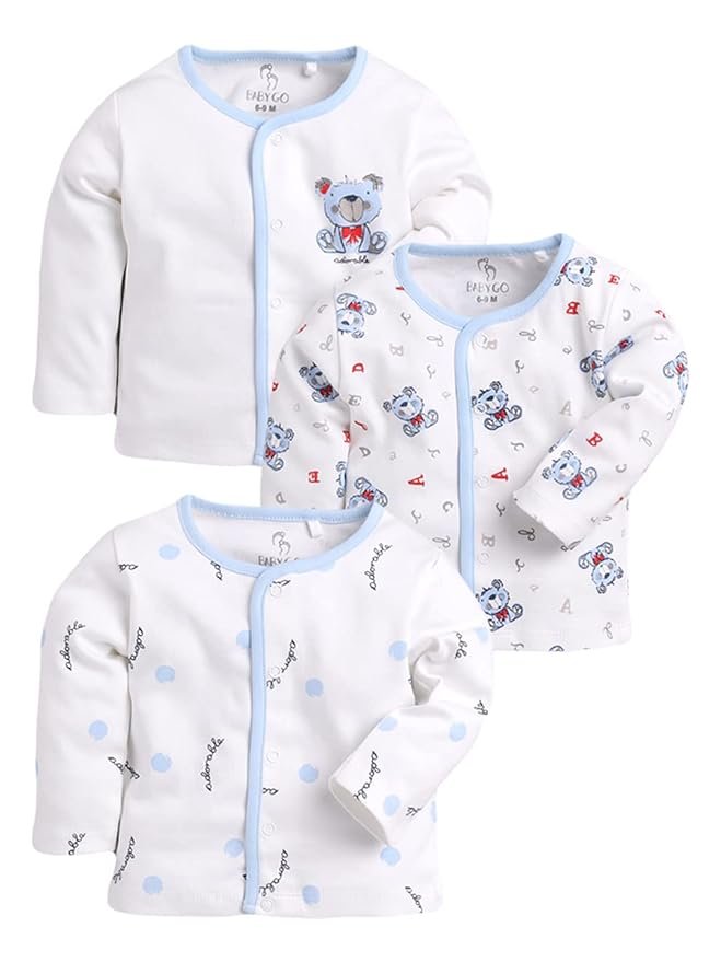 BABY GO Cotton Full Sleeve Regular Round Neck Front Open Pack Of 3 Tees For Baby Boy's Clothing Set
