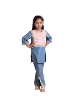 Denim Round Neck 3/4 Sleeves Solid Regular Denim Kurti with Pant For Baby Girls