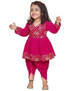 Pink full sleeves velvet V-Neck kurta and dupatta with solid dhoti | T-NGoldDH