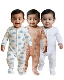 Nuego Pure Cotton Bodysuit for New Born Baby Boys, Full Sleeve Ultra-Soft Onesies for Newborn Baby Dress Cotton Cute Printed Multicolor Footed Rompers Sleepsuits New Born (0-24 Months)