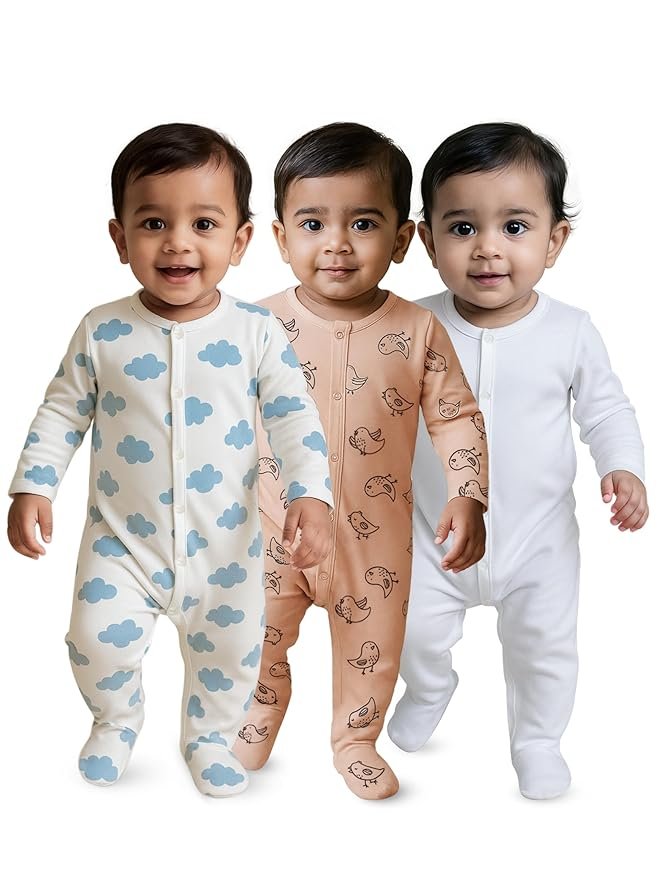 Nuego Pure Cotton Bodysuit for New Born Baby Boys, Full Sleeve Ultra-Soft Onesies for Newborn Baby Dress Cotton Cute Printed Multicolor Footed Rompers Sleepsuits New Born (0-24 Months)