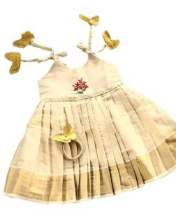 Picksparrow Newborn Baby Girl Ethnic Dress/Traditional Frock with Head Band (Kerala Kasavu, Hand- Embroidered)
