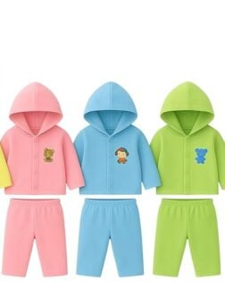 Newborn Unisex Cotton Dress Hoodie Cap with Pants| 0-3 Months Winter Outfit for Infant| Multicolour 5 Combo Pack Boy & Girl Baby Dress