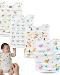 100% Organic Cotton Newborn Baby Jablas | Pack of 4 Unisex Muslin Book-Style Jablas | Soft, Breathable & Easy to Wear for Newborns | Double Layer Muslin + Cotton for Gentle Skin