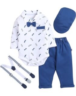 BUMZEE Boy's Cotton Printed Full Sleeves Bodysuit Pant Set With Suspender & Cap