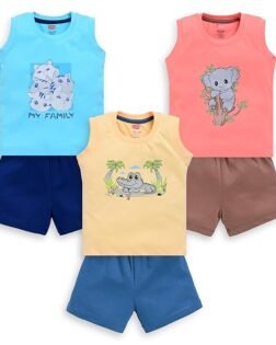 LuvLap Baby Boys Regular Fit 100% Cotton Sleeveless Boys T-Shirt & Shorts Set Pack of 3
