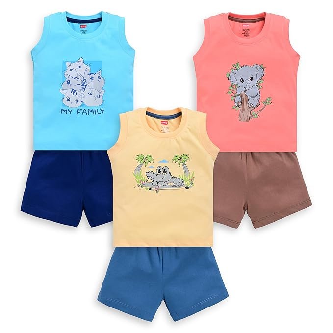 LuvLap Baby Boys Regular Fit 100% Cotton Sleeveless Boys T-Shirt & Shorts Set Pack of 3