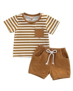VISGOGO Baby Boy Summer Clothes Outfits Set Short Sleeve Striped T-Shirt Tops + Short Pants 6 12 18 24 Months 2T 3T