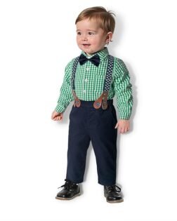 Baby Boy Clothes Outfits Set Spring Newborn Gentleman Suit Suspender Trousers+Top+Bow Tie 4pcs Clothing Set(6-12 Months, Green)