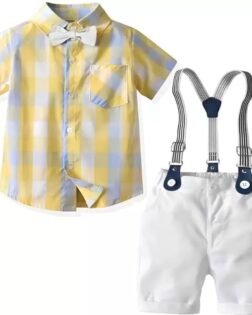 Baby Boys Cotton and Spandex Printed Half Sleeves Applique Bow Solid Romper