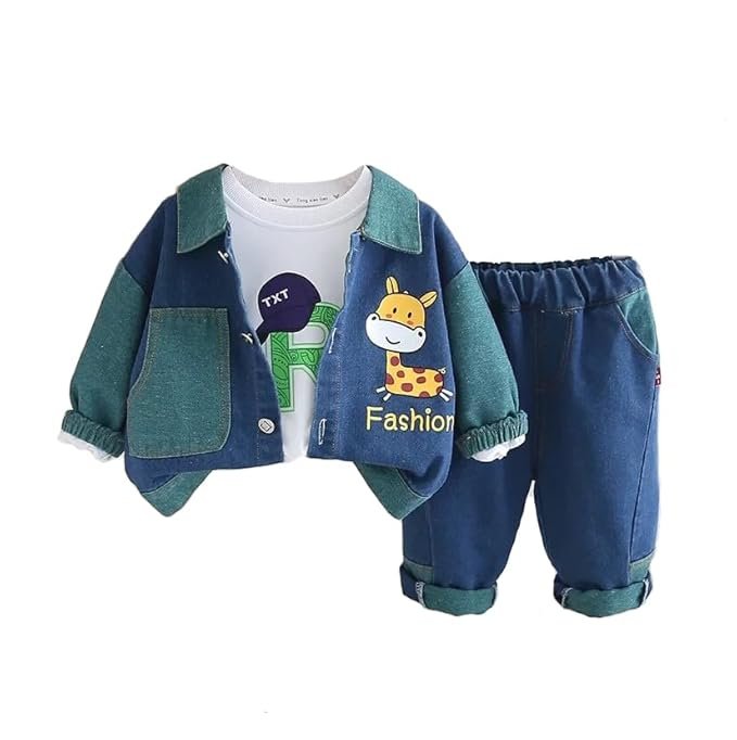 Bold N Elegant Cotton Rocket Space Kids Winter 3 Piece T-Shirt With Hoodie Jacket & Jeans Pant Party Dress Set For Infant Toddler Baby Boy's & Girl