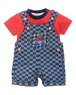 WONDERCHILD Half Sleeves Embroidered Dungaree for Boys, Comes with Solid Tee & Checks Printed Denim Dungarees Set with Snap Button (Pack of 1)