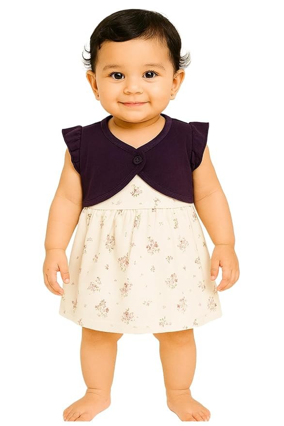 Baby Girls Cotton Frock Set – Sleeveless Frock with Overcoat for Babies- Style 10006 -Printed, Multicolour
