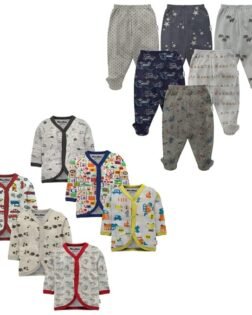 NammaBaby New Born Baby Combo Set Cotton Front Open Full Sleeves Vest- Tshirt Jhabla (6PC) and Unisex Kid's Pajama with Booties (6PC)- Perfect for Your Infants with Cutely Print (12 Pieces)