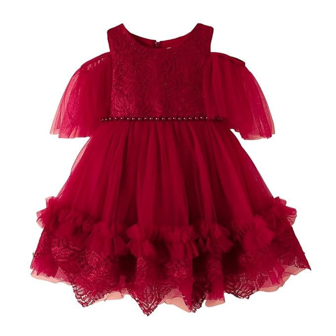 Hopscotch Baby Girls Embellished Print Short Sleeves Maroon Party Dresses