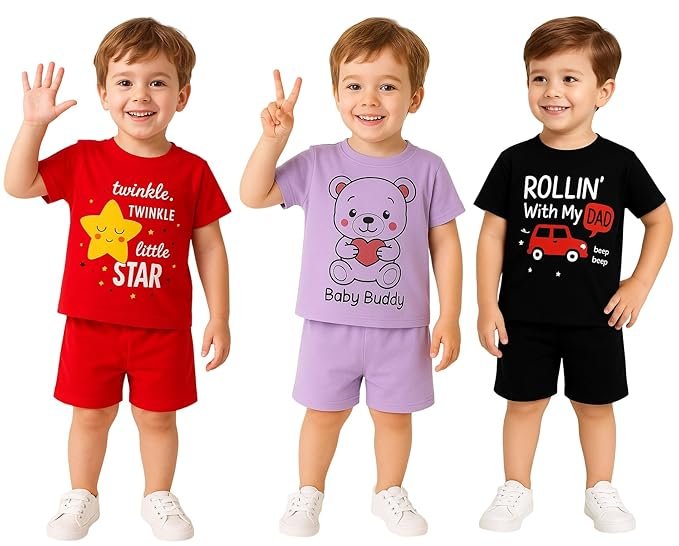 Baby unisex Clothing sets Tshirts and shorts co ordinated outfit kid boys regular dress for 1 month to 5 year pack of 3