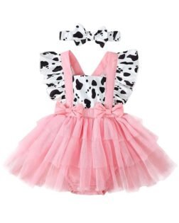 Amiblvowa Newborn Baby Girl Summer Clothes Pink Cow Print Ruffle Tutu Romper Dress Princess Birthday Western Cowgirl Outfit