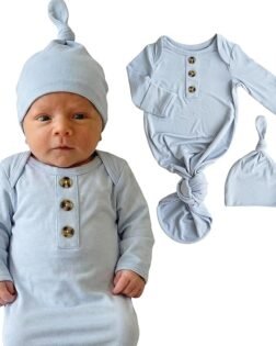 Caden Lane Newborn Baby Boy Girl Knotted Gown with Hat - Long Sleeve Knot Gown Baby Sleeper - Newborn Coming Home Outfit
