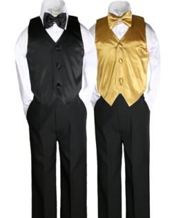 6pc Boys Black Vest Bow Tie Sets Suits Outfits with Color Vest Sets (S-7)