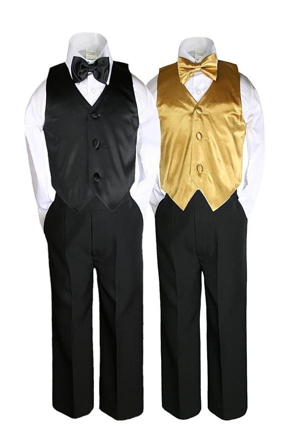 6pc Boys Black Vest Bow Tie Sets Suits Outfits with Color Vest Sets (S-7)
