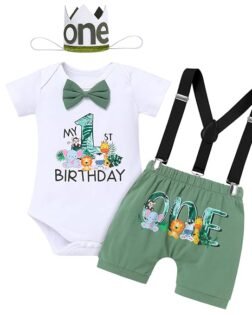 Baby Boy 1st Birthday Outfit Jungle Woodland Animal Theme Romper & Bloomers Shorts & Suspenders 3PCS Clothes Suit Photography