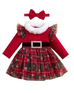BeQeuewll Baby Girl Christmas Outfit Red Green Dress Long Sleeve Velvet Party Tulle Dress Toddler Christmas Clothes Winter